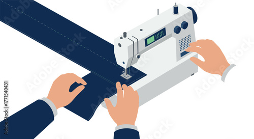 Seamstress using sewing machine in isometric style for tailoring and fashion design
