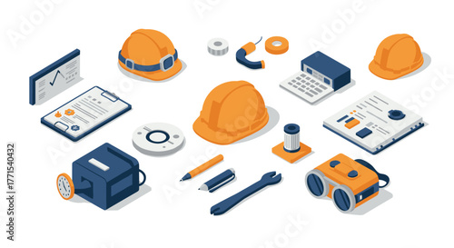 Isometric construction tools and gear set with hard hats and safety equipment
