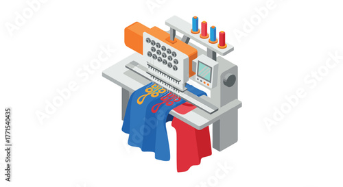 Colorful isometric embroidery machine with thread spools and fabric