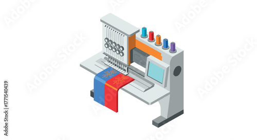 Isometric embroidery machine with colorful threads and textile design
