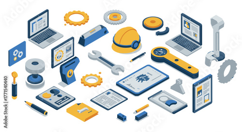 Industrial engineering tools and devices in isometric 3d design