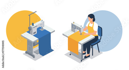 Fashion production in modern workshop with sewing machine and tailor at work