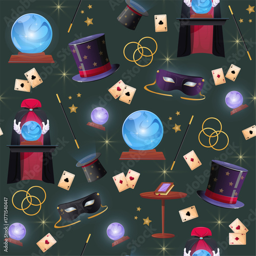 Magicians or illusionist props seamless pattern. Conjuror hat with cloak. Ace cards for prediction. Repeated print. Mask and fairy spell book. Gold rings and Magic wand. Vector background
