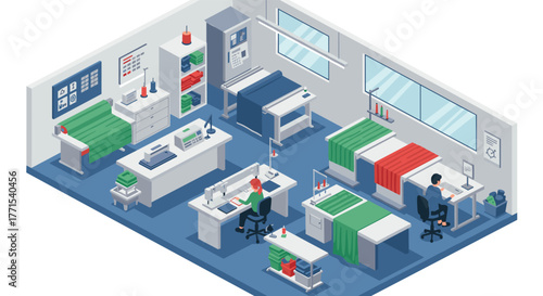 Modern textile production room in isometric design with workers and equipment