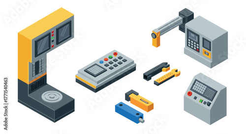 Isometric industrial equipment set with control panels and tools