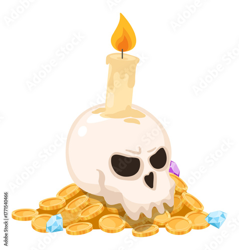 Human skull on pile of gold coins with burning candle on top. Pirate treasure. Precious diamond gemstones. Golden cash money. Corsair wealth. Candlestick fire. Vector isolated objects