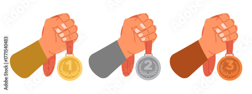 Hands hold gold, silver and bronze medals. Winning reward ceremony. Leader trophy. Victory ambition. Olympic championship ranking badge. Vector set of awards for winners of competition