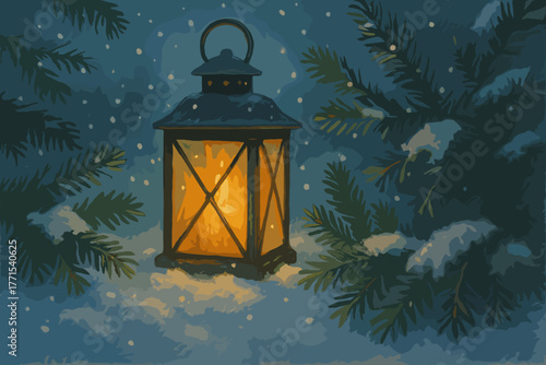Warm lantern illuminating snowy forest winter evening digital serene atmosphere perspective