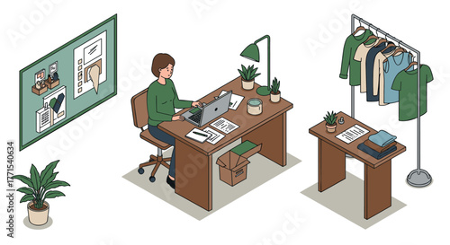 Isometric home office woman working at desk with clothing rack and decor