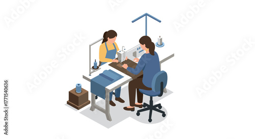 Isometric seamstress workshop with sewing machine and tailor tools