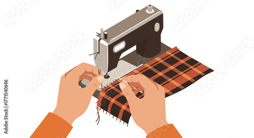 Sewing machine stitching fabric with hands in flat design
