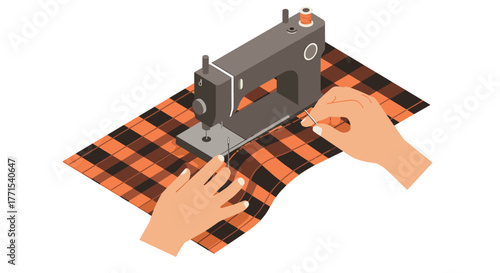 Sewing machine crafting a checkered fabric with precision