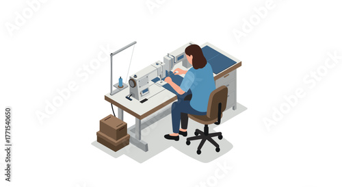Isometric woman seamstress working at sewing machine in modern studio