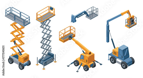 Isometric construction equipment elevating platforms and boom lifts