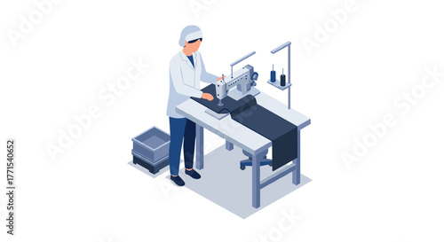 Textile worker using industrial sewing machine in a modern factory setting