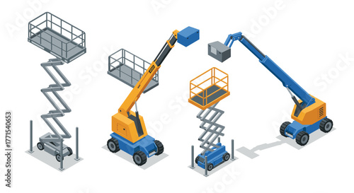 Isometric construction equipment: scissor and boom lifts in detailed design