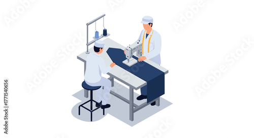 Isometric tailors working in modern textile factory scene