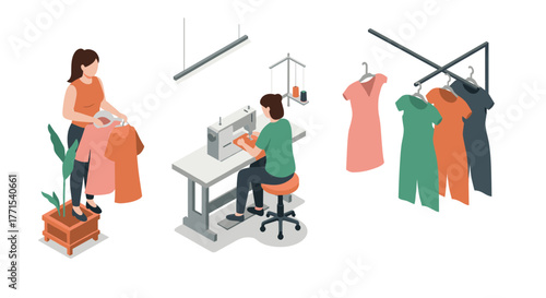 Seamstress in modern tailoring studio with sewing machine and dresses