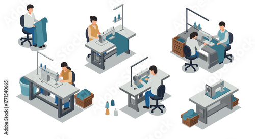 Isometric sewing workshop scene with seamstresses and equipment