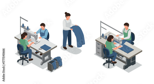 Isometric tailoring workshop scene with seamstresses sewing garments