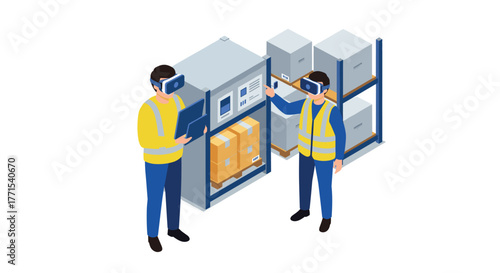 Warehouse workers using virtual reality technology for inventory management in a modern storage facility