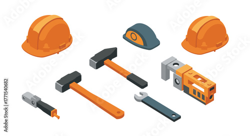 Isometric construction tools with safety helmets on white background