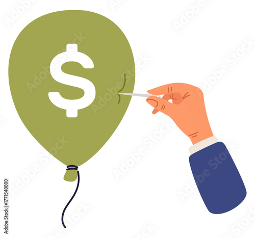 Businessmans hand with needle pierces balloon with dollar sign. Financial bubbles and crisis. Economy collapse. Investment risk. Inflation and recession. Banking crash. Vector concept