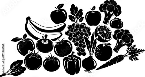 ChatGPT said:

Fruits and Vegetables Silhouette – Black Vector Illustration, Healthy Food, Nutrition, Organic Produce, Fresh Diet, Plant-Based, Farm Products, Outline Design, Clipart, Editable Vector.