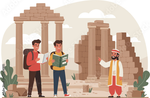 Exploring ancient ruins with tourists historical site desert landscape eye-level perspective cultural heritage