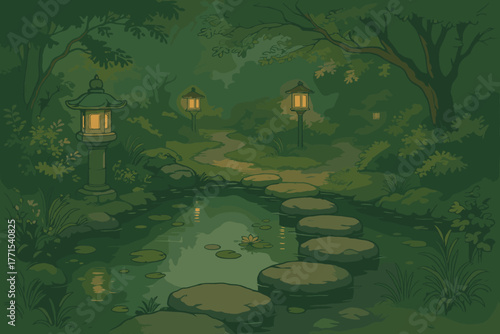 Tranquil lantern-lit pond scene serene nature setting animated peaceful environment artistic perspective