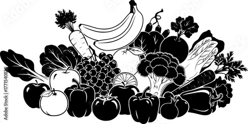 ChatGPT said:

Fruits and Vegetables Silhouette – Black Vector Illustration, Healthy Food, Nutrition, Organic Produce, Fresh Diet, Plant-Based, Farm Products, Outline Design, Clipart, Editable Vector.