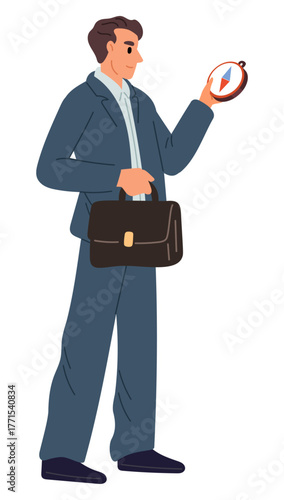 Businessman checks direction with compass. Man chooses way of business. Isolated male character searching success. Office navigation. Leadership orienteering. Path guidance. Vector concept