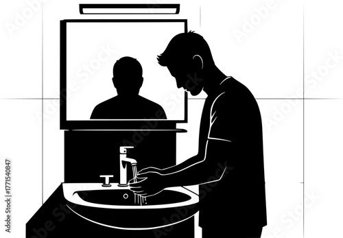 ChatGPT said:

Man Bathroom Silhouette – Black Vector Illustration, Washing Hands, Hygiene, Sink and Mirror, Restroom Scene, Cleanliness, Personal Care, Health, Clipart, Editable Vector Design.