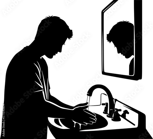 ChatGPT said:

Man Bathroom Silhouette – Black Vector Illustration, Washing Hands, Hygiene, Sink and Mirror, Restroom Scene, Cleanliness, Personal Care, Health, Clipart, Editable Vector Design.