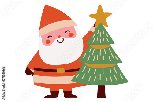 Smiling Santa Claus standing beside a Christmas tree and holding a golden star.