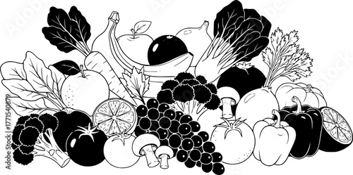 ChatGPT said:

Fruits and Vegetables Silhouette – Black Vector Illustration, Healthy Food, Nutrition, Organic Produce, Fresh Diet, Plant-Based, Farm Products, Outline Design, Clipart, Editable Vector.