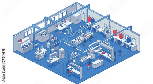Isometric office layout with modern workstations and equipment in blue and white theme