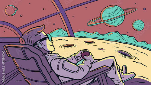 Cosmic Serenity: Astronaut Relaxing with Drink on Alien Planet Surface