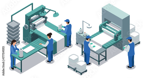 Isometric printing facility with workers operating industrial machines