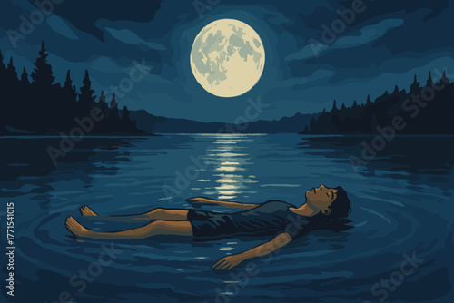Floating in serenity a young person's reflection under the full moon at a tranquil lake