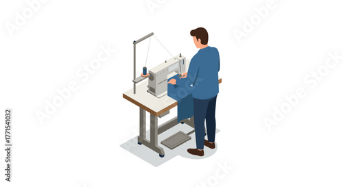 Tailor sewing clothes on machine in studio isometric design