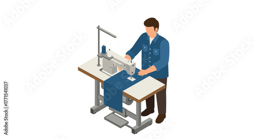 Seamstress working at sewing machine in isometric style