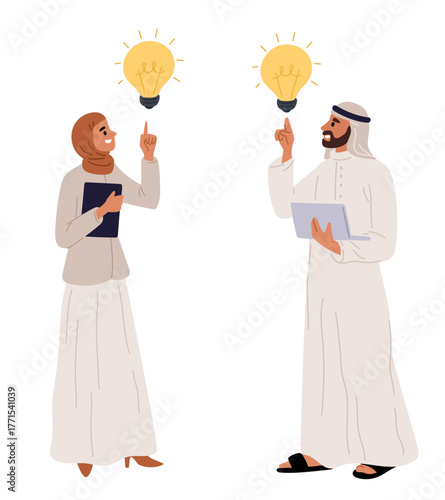 Arab man and woman come up with idea. Arabian people brainstorming. Islamic couple with lightbulbs of solution. Innovative startup. Creative and success. Progress lamp. Vector concept