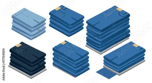 Isometric stacks of folded jeans in various shades and styles