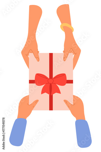 Man gives woman box with gift top view. Vector concept Girlfriend receiving present from boyfriend. Holiday celebration. Birthday anniversary. Container with ribbons. Vector concept