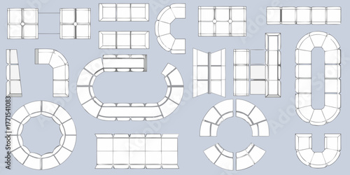 Collection of modular sofa sections and seating arrangements shown from a top down perspective