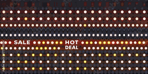 Bright illuminated lights forming rows with the words sale and hot deal in the center