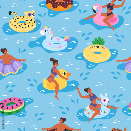 Men and women relax at seaside. Swimming pool seamless pattern. People floating on inflatable rings. Inflated flamingo and duck. Beach party fun. Swim with lifebuoys. Vector background