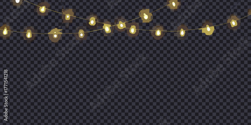 Warm glowing string lights draped across a dark checkered background for festive decoration