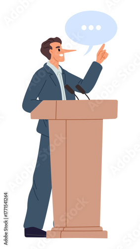Male politician speaks from podium with long pinocchio nose of liar. Dishonest corrupt businessman. Hypocrite vote candidate at tribune. Lie or deceit. Election campaign. Vector concept